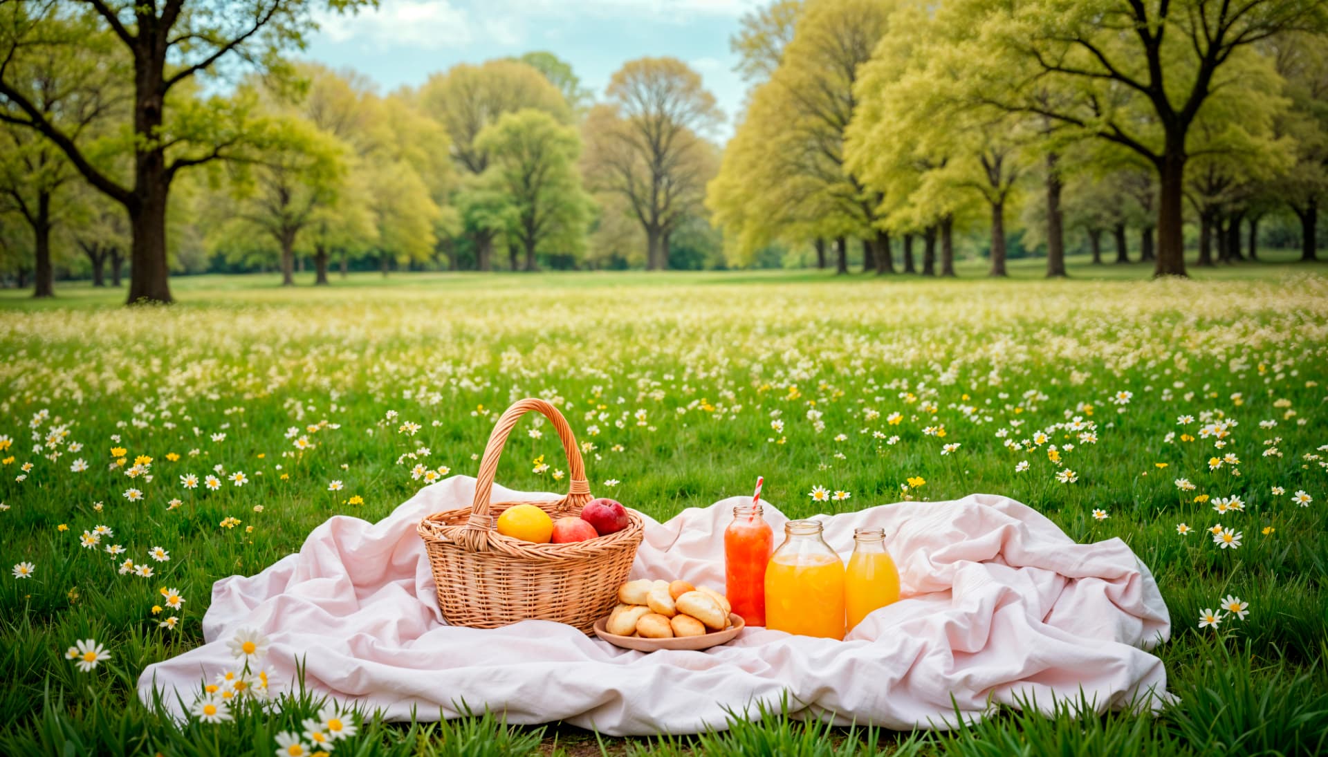 Picnic blanket and basket set in a blossoming meadow — luxury picnic Nairobi setup by Reina Events