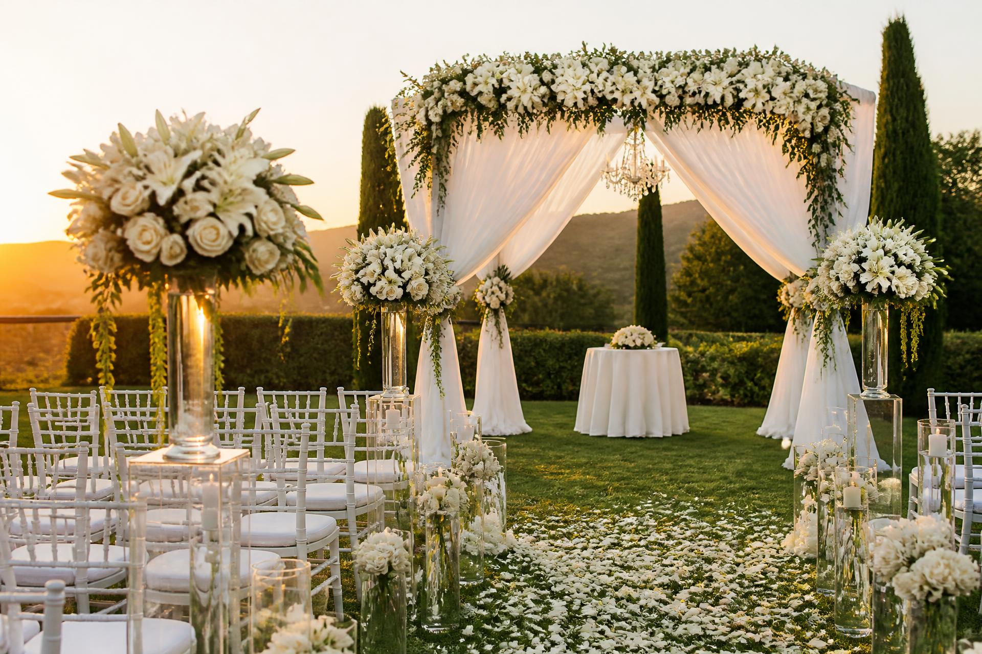 Lakeside wedding arch dressed with florals, paper lanterns and white chairs — wedding decor Kangundo Road